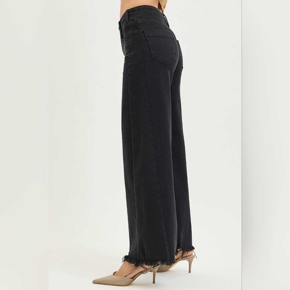 RISEN HR Tummy Control Black Palazzo Jeans Wide Leg Distressed Hems Various NEW - Picture 8 of 13